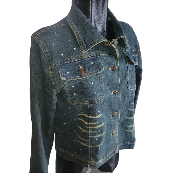 Margie Distressed with Rhinestone Detailed Denim Jacket L - Picture 2 of 6